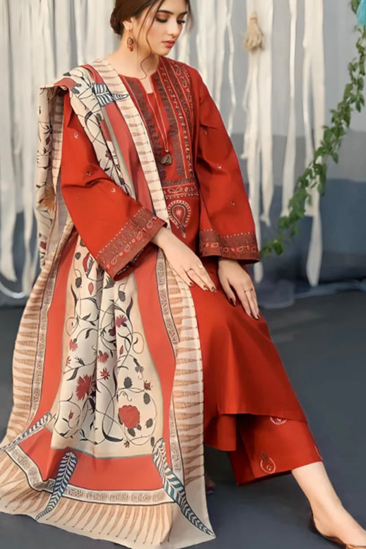 UROOJ  EMB 3Pc With MONAR DUPPATA